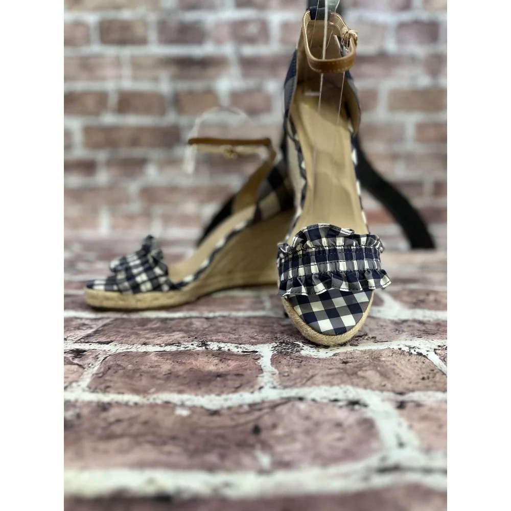 Draper James RSVP Navy Gingham Ruffle Espadrille Wedge Sandals Womens 9 Buffalo